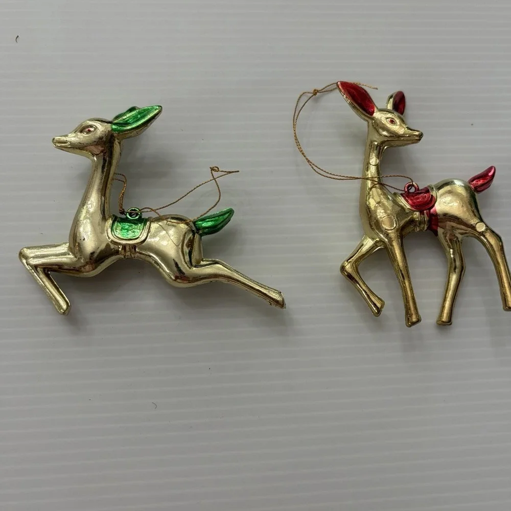 Lot Of 2 Vintage Gold Plastic Reindeer Christmas Ornaments Mid-Century Style